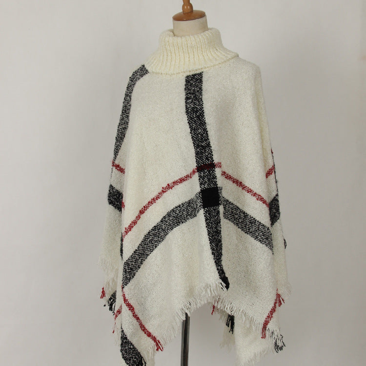 Women's Size Loose Shawl Cloak Turtleneck Plaid Warm Scarfs