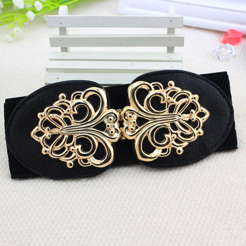 Women's Seal Pattern Pair Of Buckles Elastic Waistband Belts