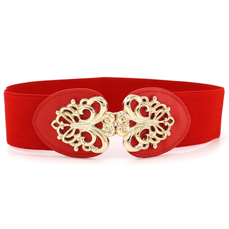 Women's Seal Pattern Pair Of Buckles Elastic Waistband Belts