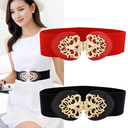 Women's Seal Pattern Pair Of Buckles Elastic Waistband Belts