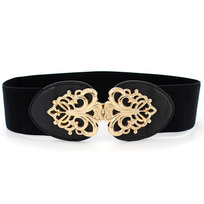 Women's Seal Pattern Pair Of Buckles Elastic Waistband Belts