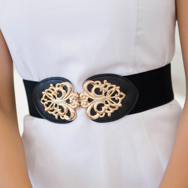 Women's Seal Pattern Pair Of Buckles Elastic Waistband Belts