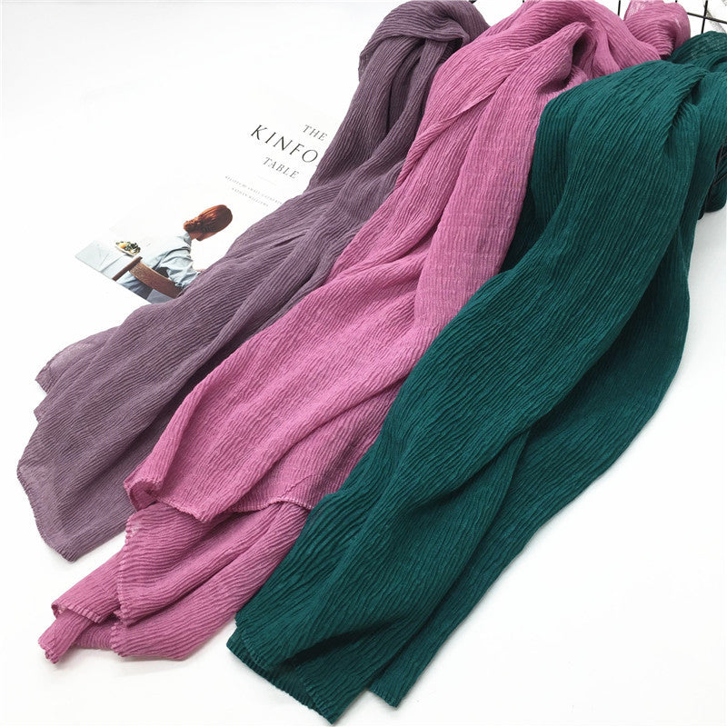 Women's Solid Color Cotton Linen Comfortable Crumpled Scarfs