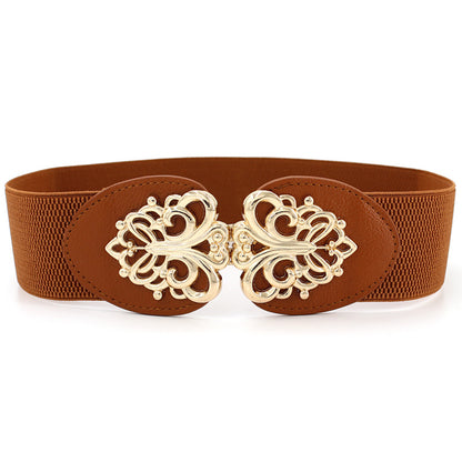 Women's Seal Pattern Pair Of Buckles Elastic Waistband Belts