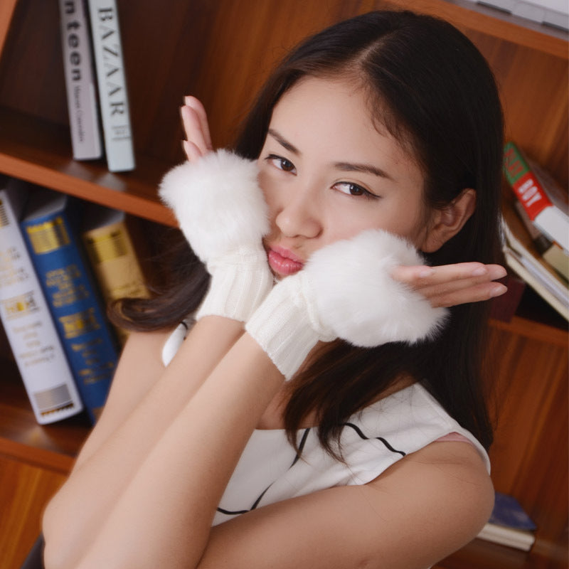 Women's Open Finger Warm Imitation Rabbit Fur Gloves