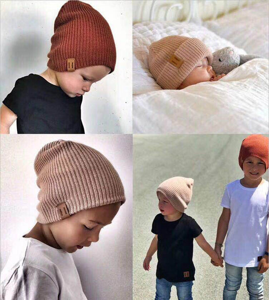 Children's Woolen Knitted Hat Two Vertical Labeling Kids' Headwear