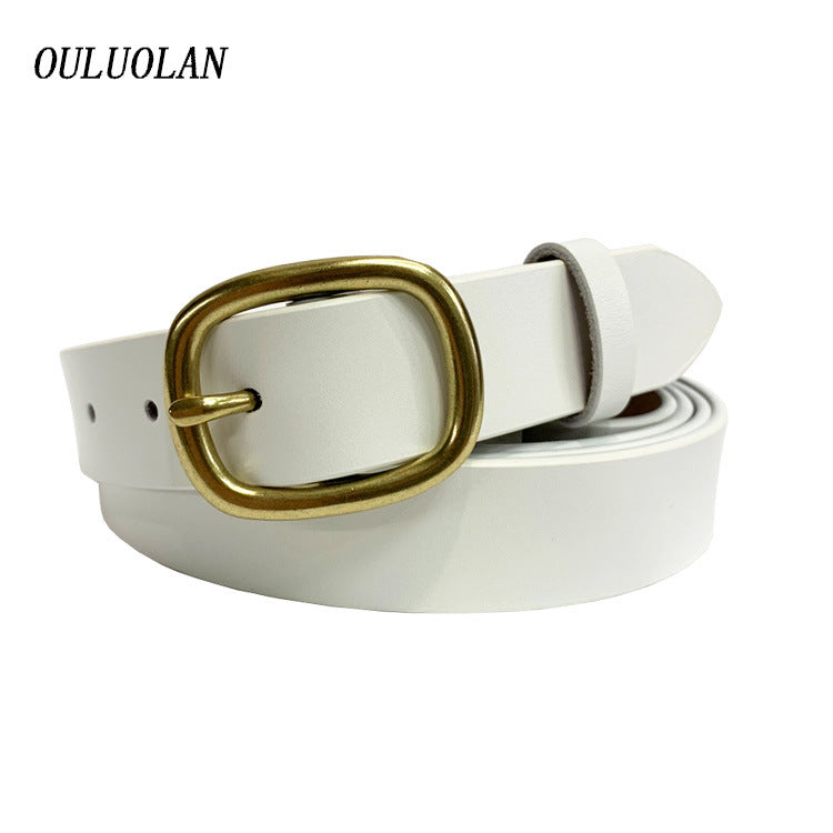 Women's Korean Style Cowhide Retro Oval Brass Buckle Wide Belts