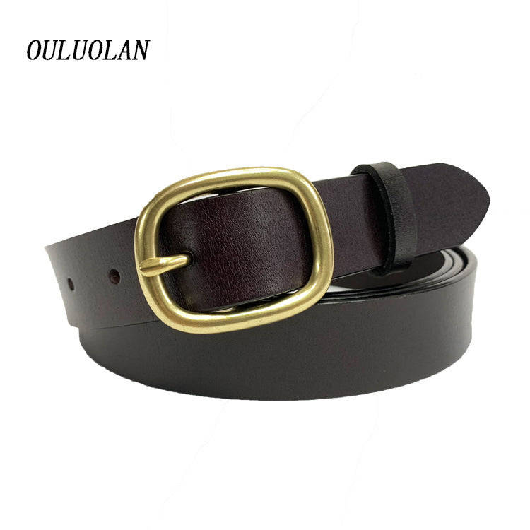 Women's Korean Style Cowhide Retro Oval Brass Buckle Wide Belts