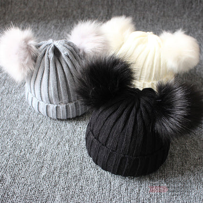 Women's & Men's Double Ball Imitation Fox Fur Hat Kids' Headwear