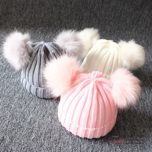 Women's & Men's Double Ball Imitation Fox Fur Hat Kids' Headwear