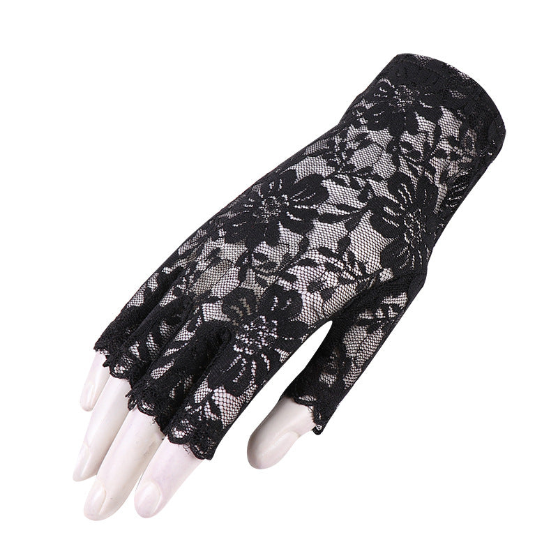 Half Finger Female Flower Black Sexy Cutout Mesh Gloves