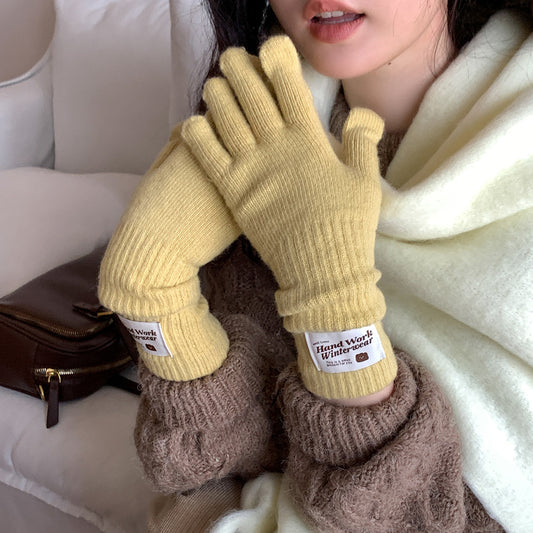 Women's Korean Style Solid Color Labeling Long Knitted Wool Finger Gloves