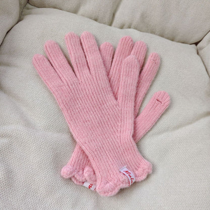 Warm Pure Color Knitted Lace Knitting Wool Gloves