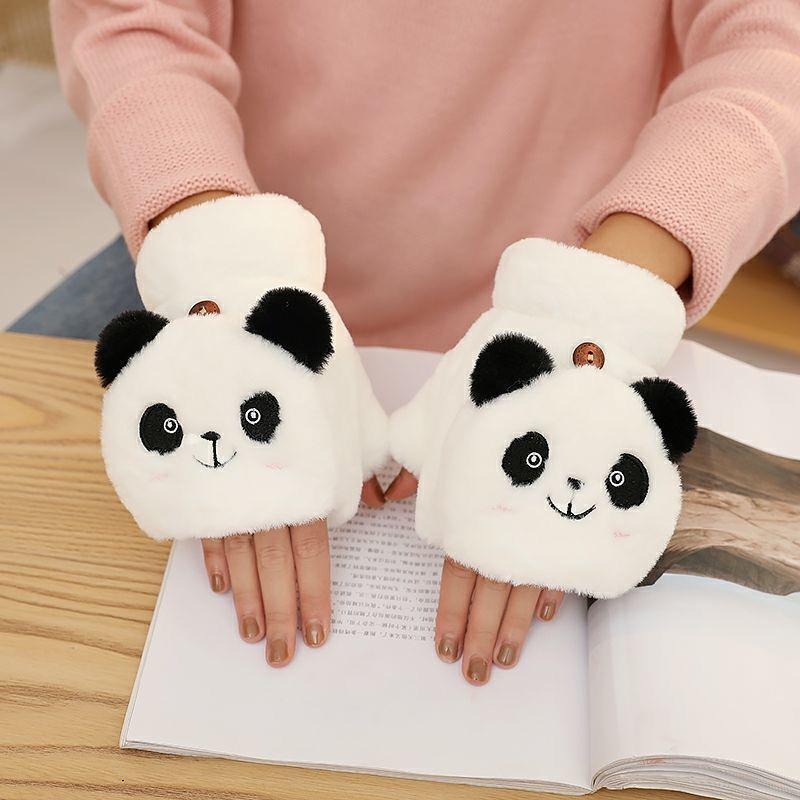 Women's Half Finger Korean Cute Cartoon Flip Fleece-lined Thickened Gloves