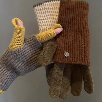 Women's Winter Color Matching Knitted Wool Open Gloves