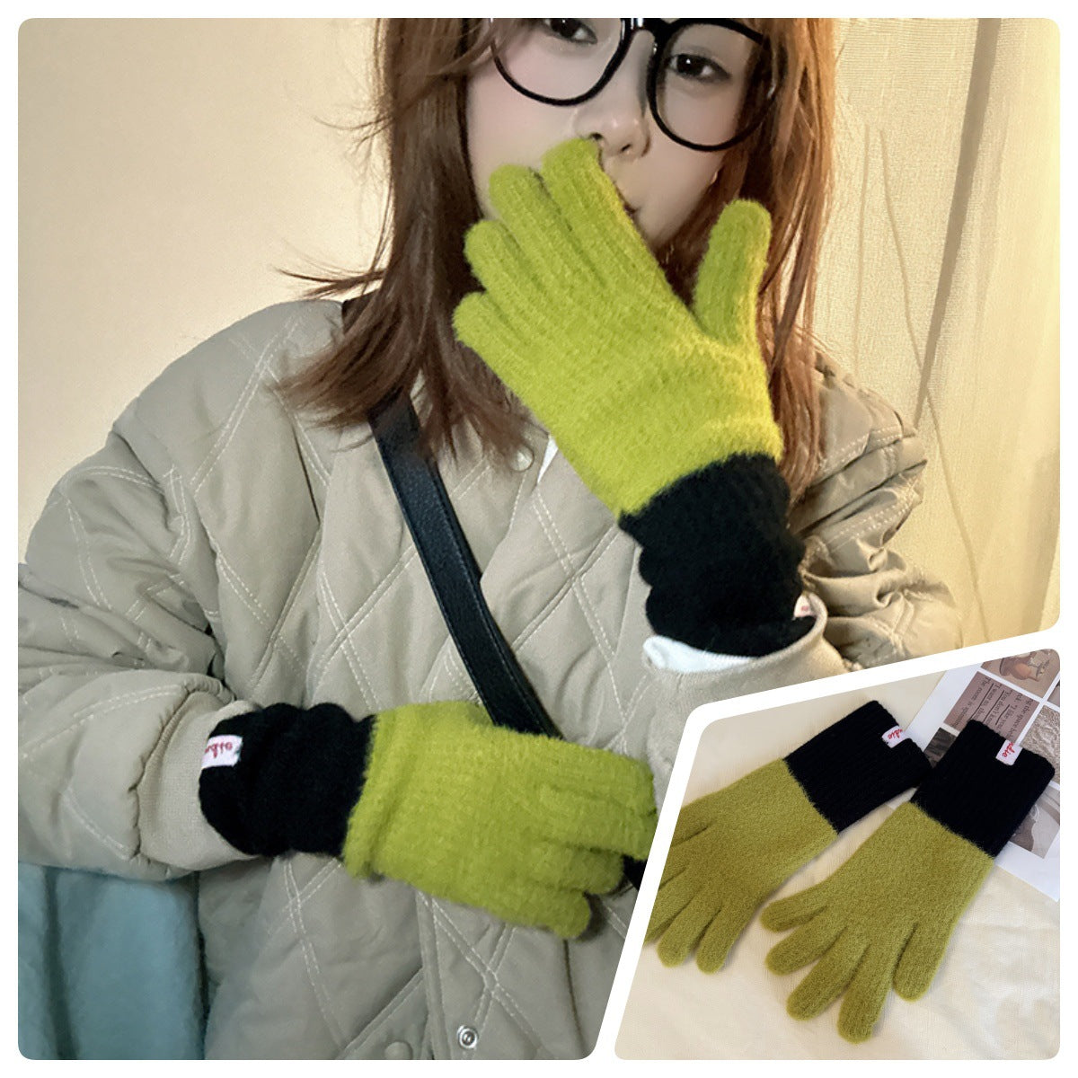 Women's Picture Scroll Color Matching Knitted Five-finger Thickened Warm Gloves