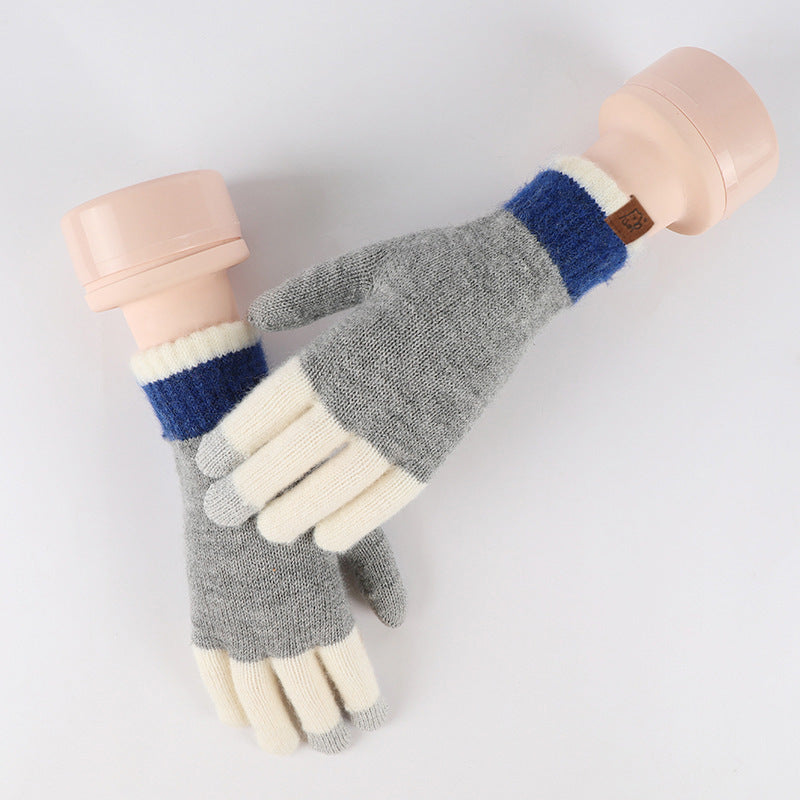 Wool Knitted Plaid Fleece-lined Thickened Cycling Five-finger Gloves