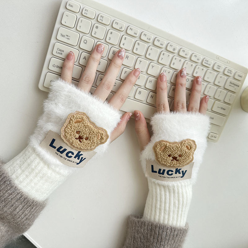 Half Finger Cartoon Knitted Bracers Thick Gloves