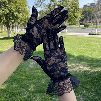 Women's Vintage Mesh Wedding Finger Black White Gloves