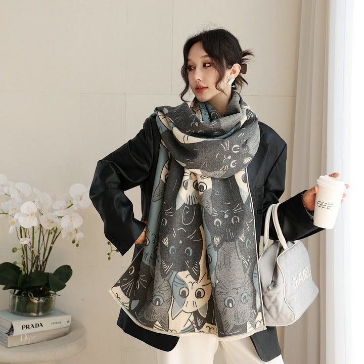 Cat Cashmere Double-sided Female Korean Winter Warm Scarfs