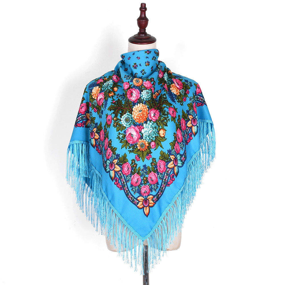 Women's Style Tassel Flowers Printed Spring Travel Embroidered Square Scarfs