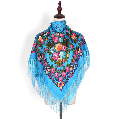 Women's Style Tassel Flowers Printed Spring Travel Embroidered Square Scarfs