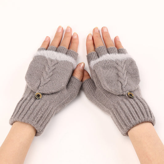 Women's Flip Short Frayed Hem Wool Fingerless Gloves