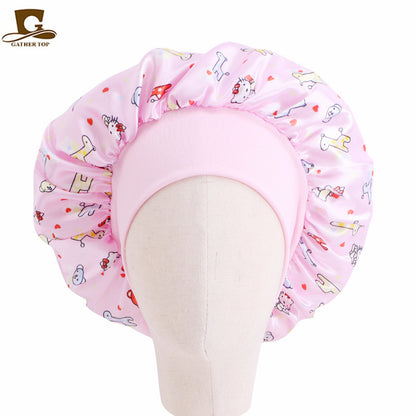 Children's Cartoon Elastic Wide-brimmed Satin Nightcap Shower Kids' Headwear