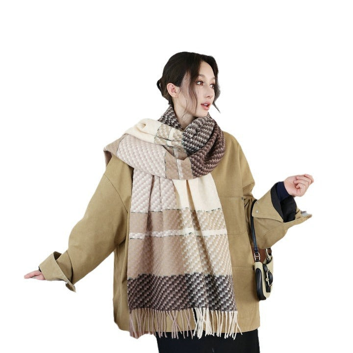 Women's Color Matching Plaid Thickened Warm Tassel Striped Shawl Scarfs