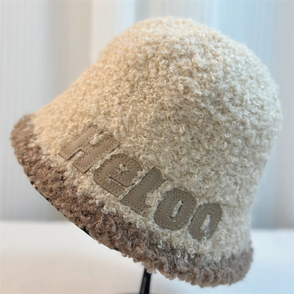 Women's Lamb Wool Bucket Hat Warm Big Head Hats & Caps