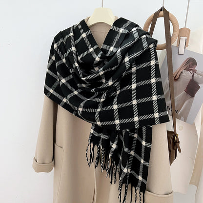 Women's Slouchy Plaid Korean Tassel Shawl Scarfs