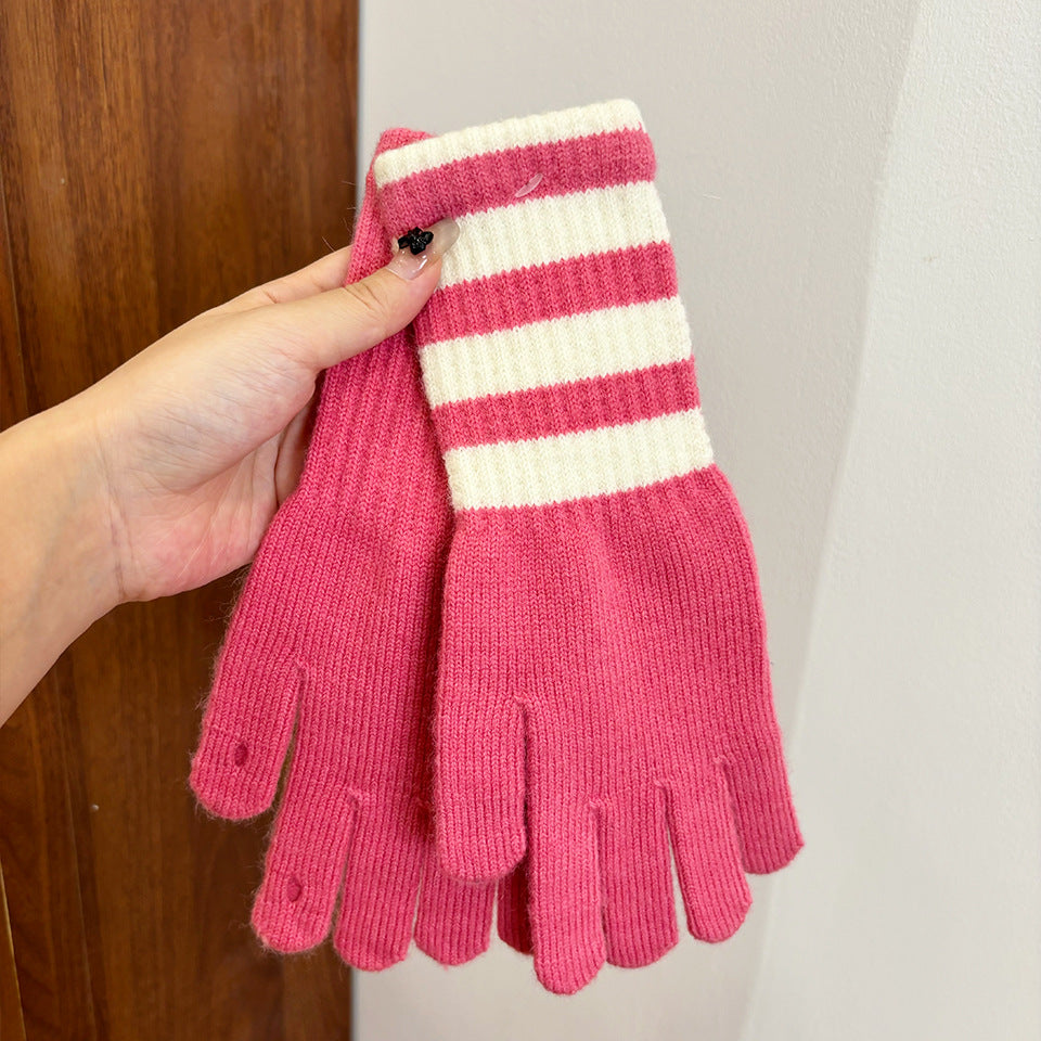 Women's Personalized Fashionable Knitted Warm Winter Extended Striped Open Touch Gloves