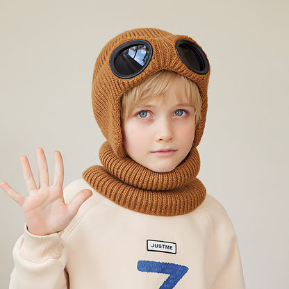 Children's Two-piece Set Winter Fleece-lined Earflaps Woolen Knitted Sleeve Kids' Headwear