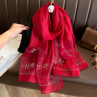 Women's Emulation Silk Hot Rhinestone Pearl Flower Scarfs