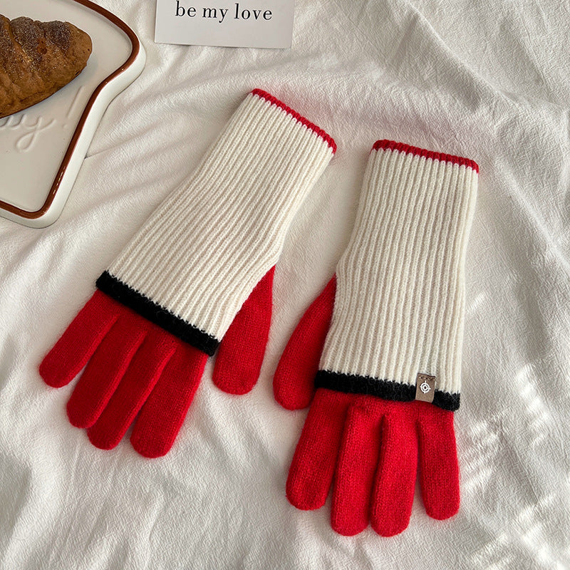 Women's Winter Color Contrast Patchwork Five-finger Touch Gloves