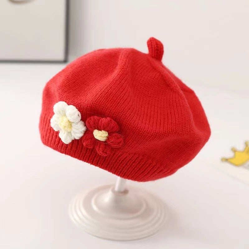 Hat Knitted Beret Cute Flower Painter Kids' Headwear