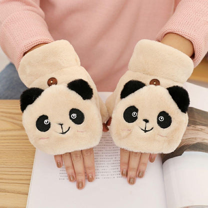 Women's Half Finger Korean Cute Cartoon Flip Fleece-lined Thickened Gloves