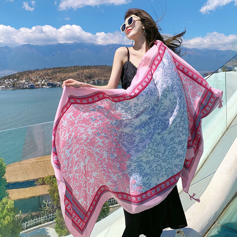 Women's Sunscreen Shawl Yunnan Grassland Travel Wear Silk Seaside Scarfs