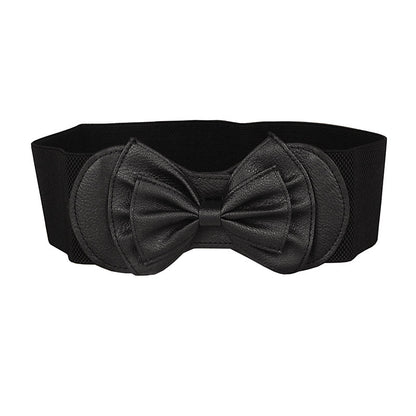 Women's Black Elastic Wide Blue Bow Decorative Belts