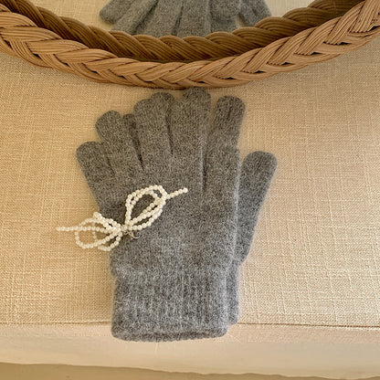 Women's Pearl Bow With Angora Winter Warm Gloves