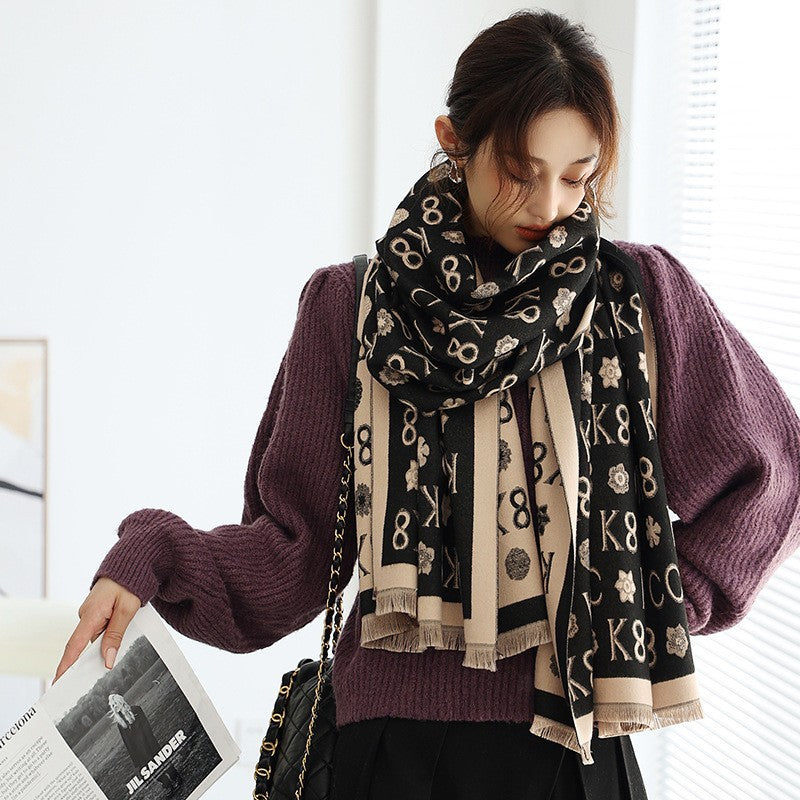 Women's Winter Color Matching Warm Letters Double-sided Thickened Scarfs