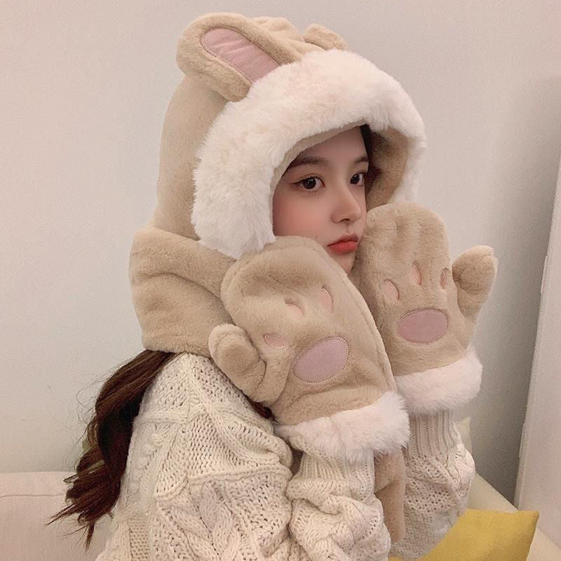 Women's Style Hat Three-piece Set Cute Rabbit Hats & Caps