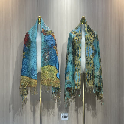 Women's Oil Painting Shawl Outer Match Tassel Scarfs