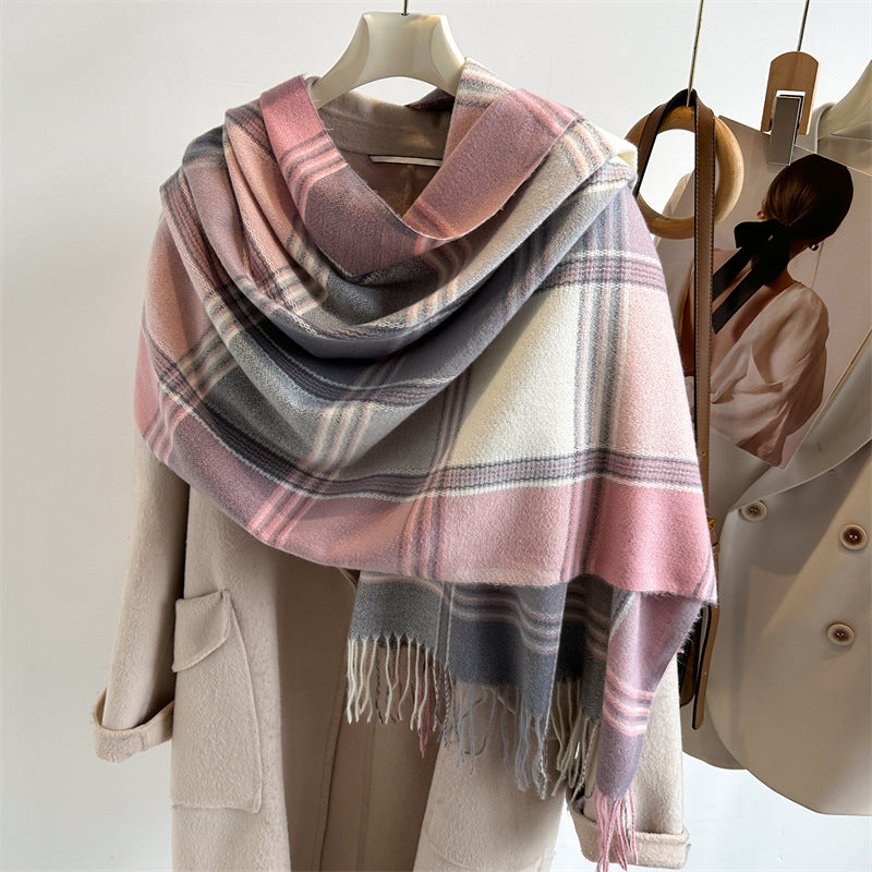 Women's Plaid Atmosphere Versatile Fashionable Thick Warm Tassel Scarfs