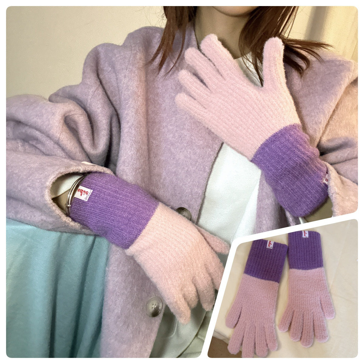 Women's Picture Scroll Color Matching Knitted Five-finger Thickened Warm Gloves