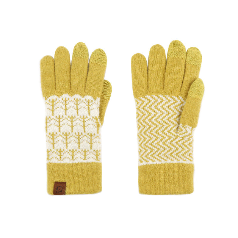 Color Knitted Retro Jacquard Fleece Lining Cycling Gloves