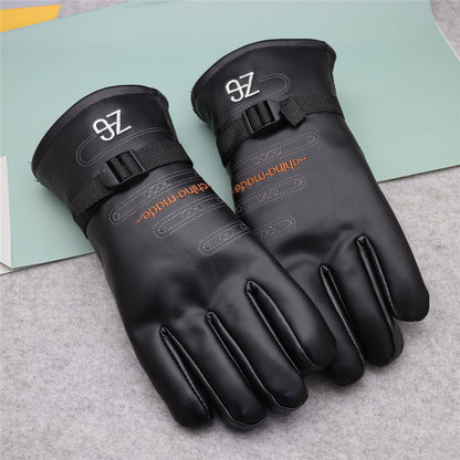 Men's Leather Thickened Version Long Veet Lining Warm Cycling Gloves