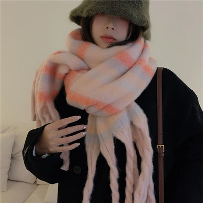 Women's Winter High-grade Mohair Black White Plaid Scarfs