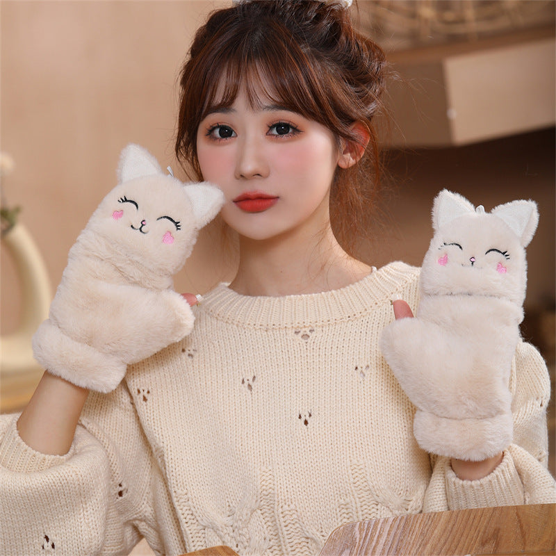 Women's Cute Fleece-lined Thickened Flip Cycling Cold Gloves