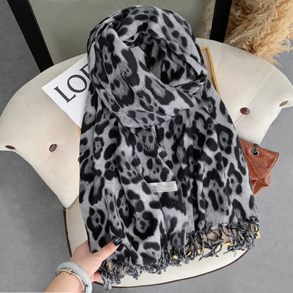 Women's Vintage Leopard Print Winter Design Tassel Scarfs